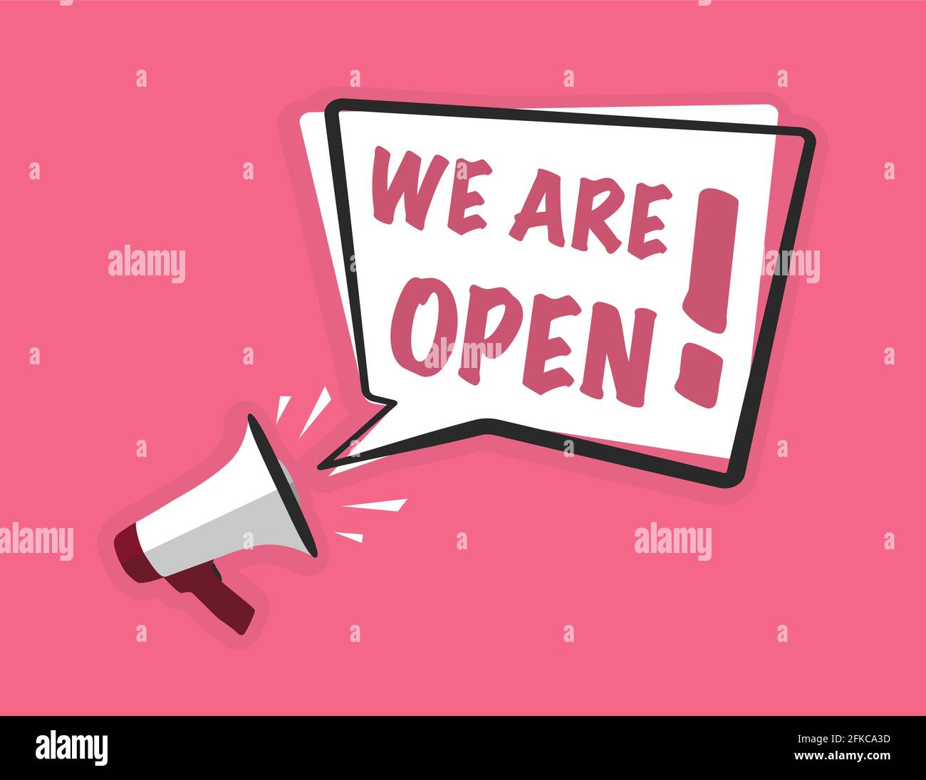 megaphone and text WE ARE OPEN in speech bubble vector illustration Stock Vector