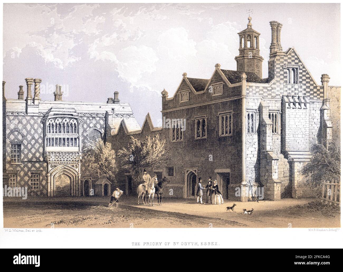 A lithotint of The Priory of St Osyth (St Osyth's Abbey), Essex UK scanned at high resolution from a book printed in 1858. Stock Photo