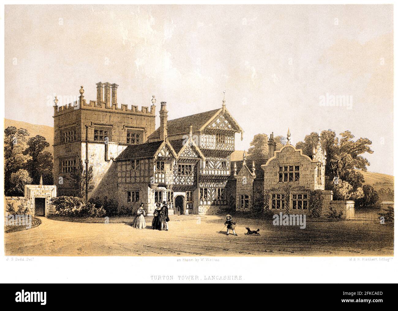 A lithotint of Turton Tower, Lancashire UK scanned at high resolution from a book printed in 1858. Believed copyright free. Stock Photo