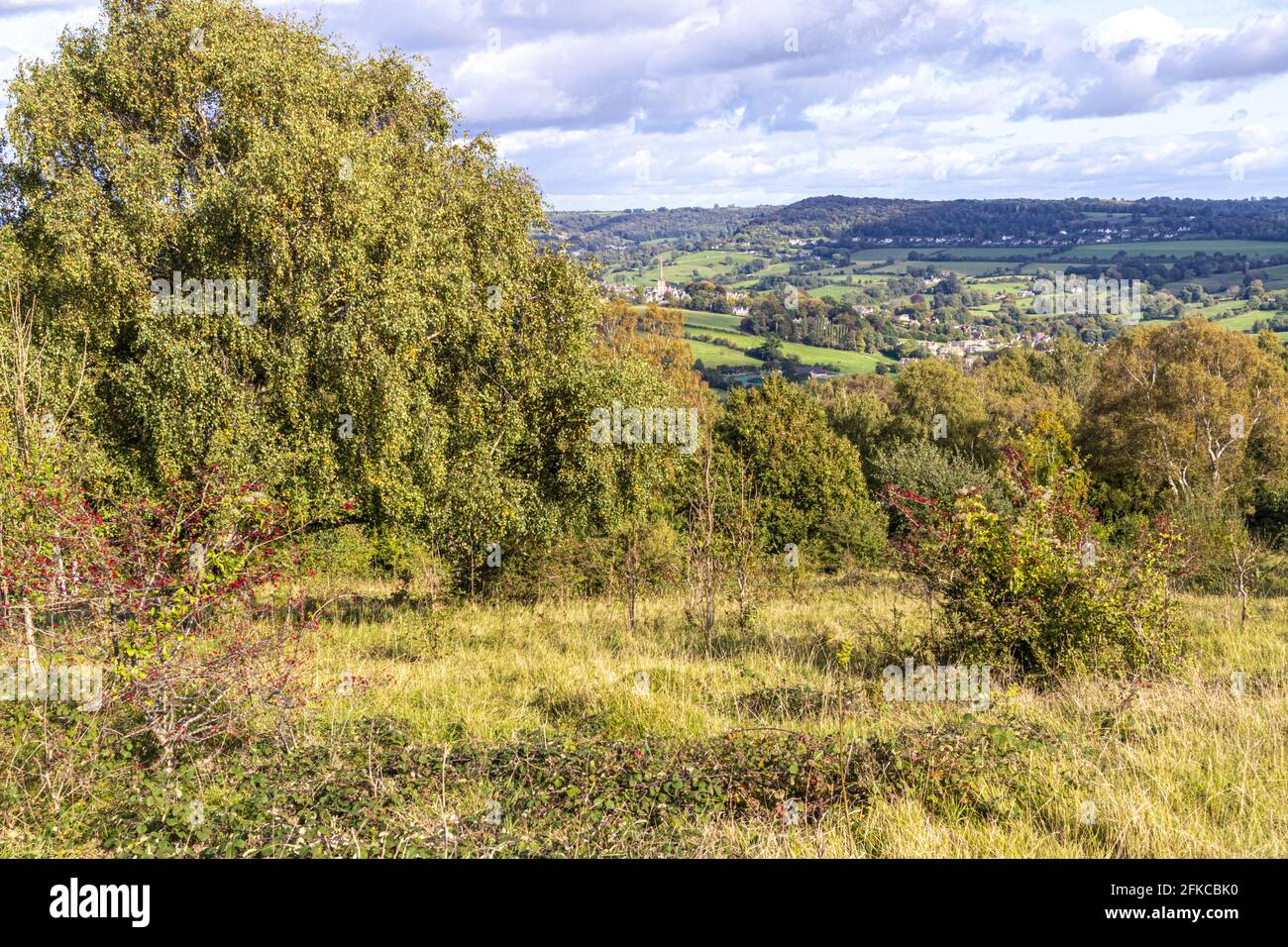The view across to the village of Painswick from the Cotswold Way at