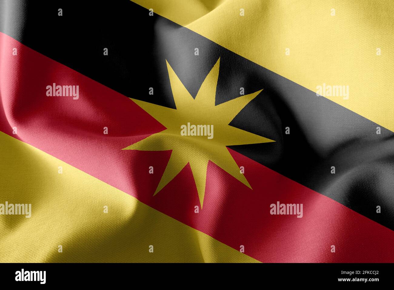 3D illustration flag of Sarawak is a state of Malaysia. Waving on the wind flag textile background Stock Photo
