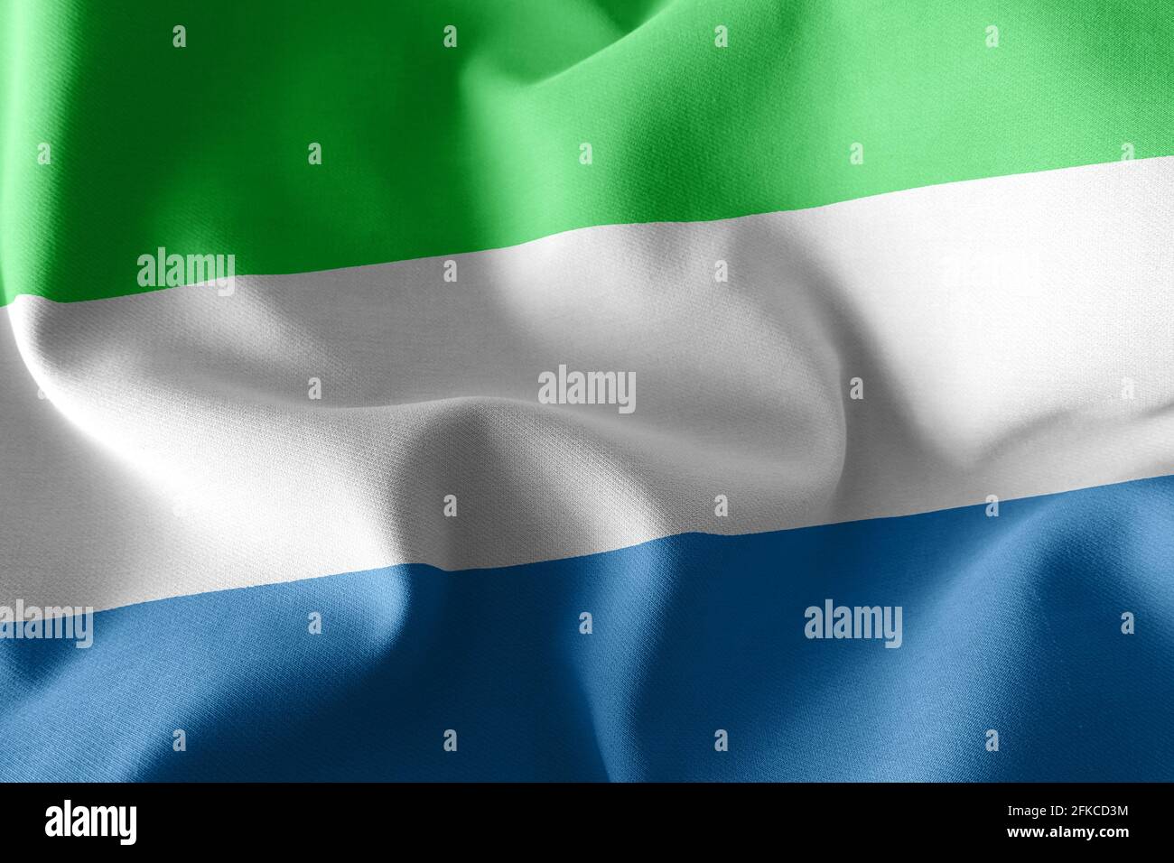 3D illustration flag of Sierra Leone. Waving on the wind flag textile ...
