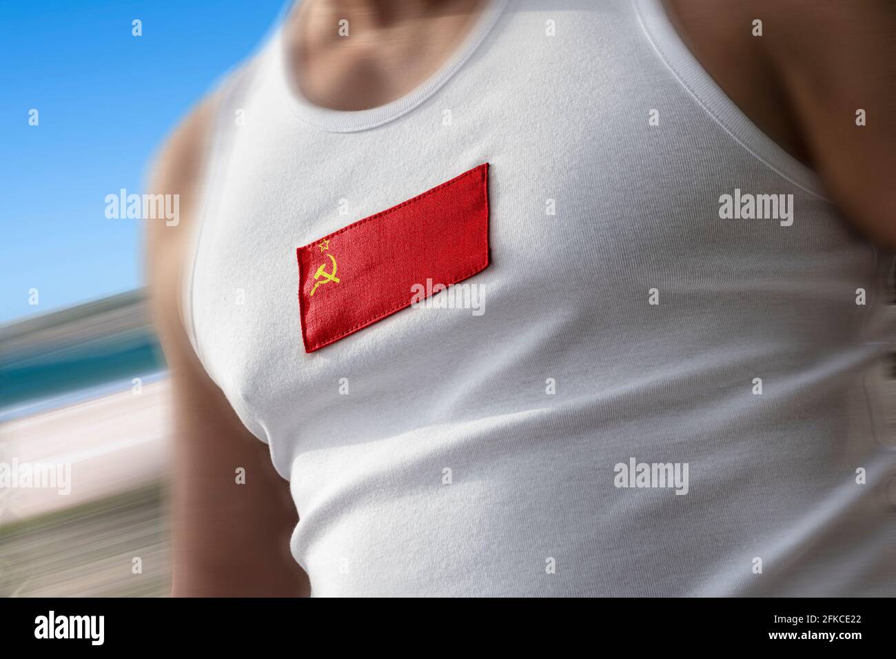 The national flag of USSR on the athlete's chest Stock Photo