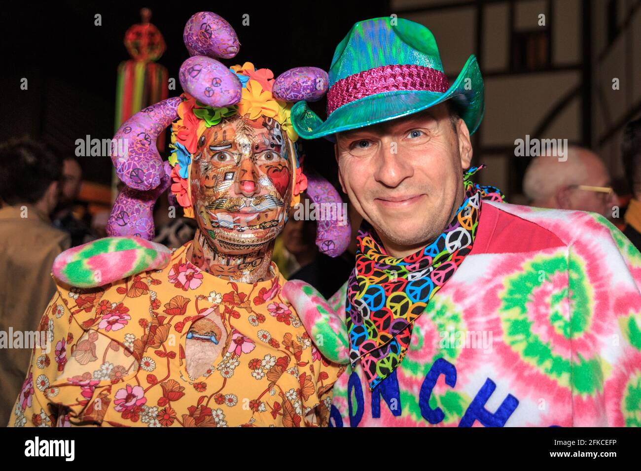 Guests in vibrant outfits at Andrew Logan’s Alternative Miss World,Shakespeare’s Globe, London, 2018 Stock Photo