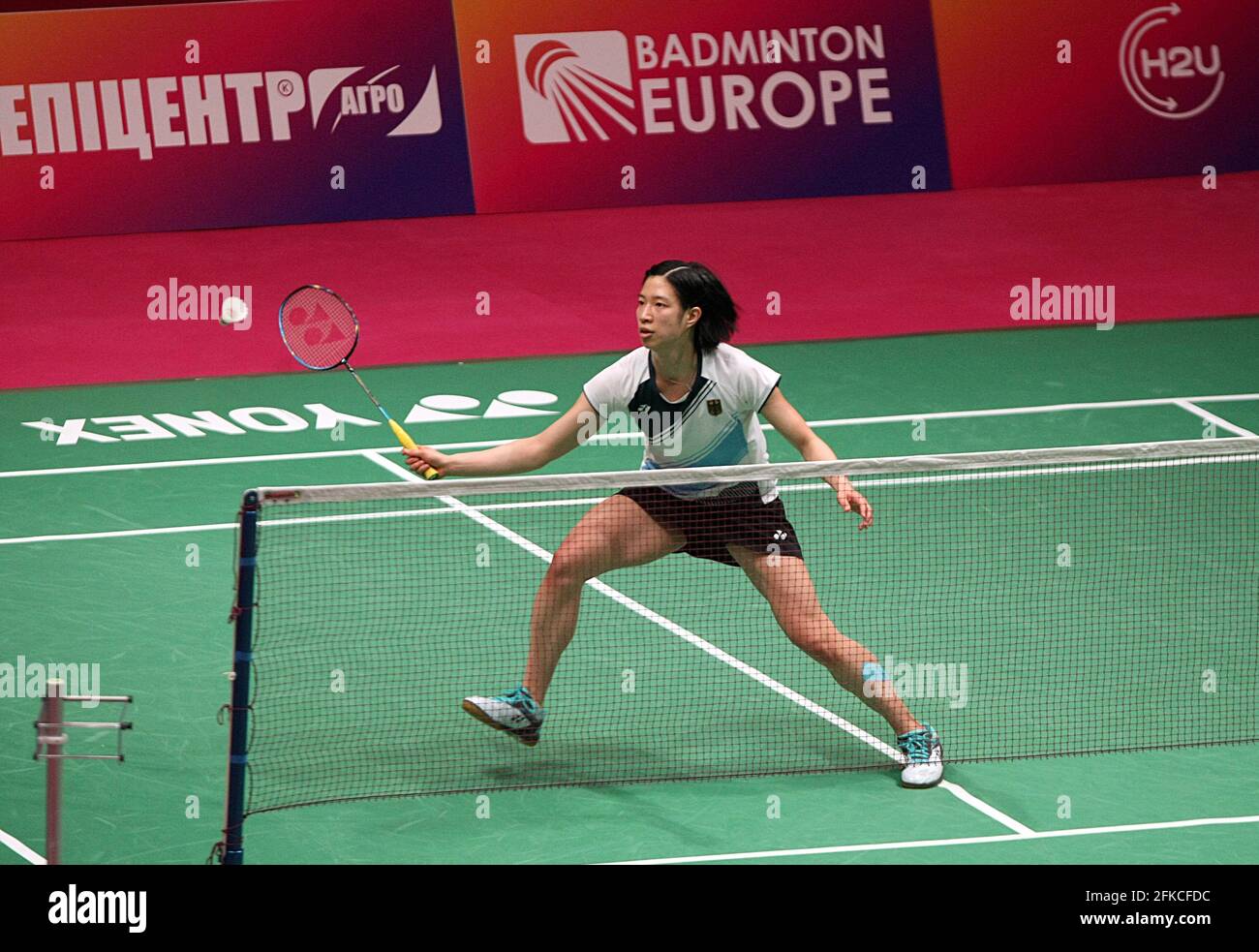 KYIV, UKRAINE - APRIL 30, 2021 - Yvonne Li of Germany competes against  Neslihan Yigit of Turkey during the women's singles quarter-final match at  the 2021 European Badminton Championships at the Palace