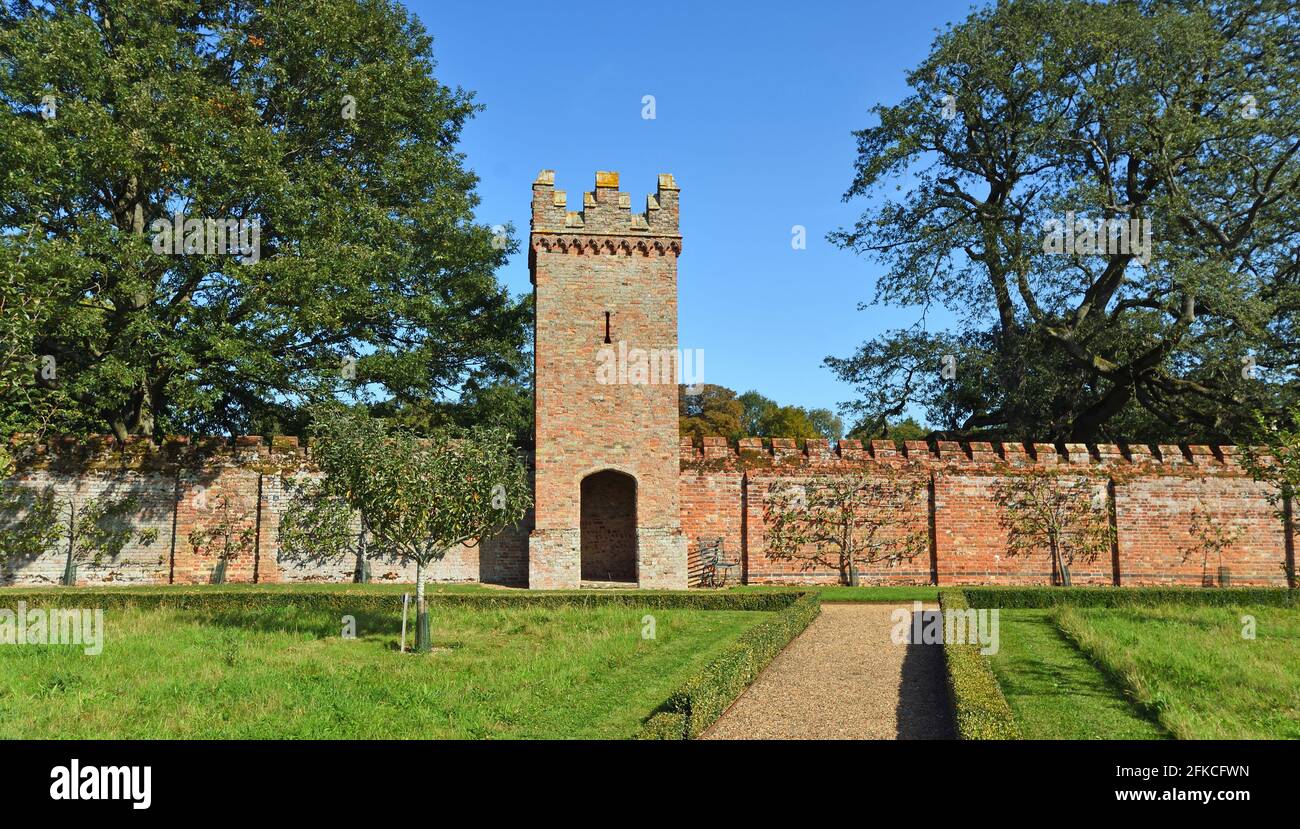 Wall Tower and fan trained fruit trees. Stock Photo