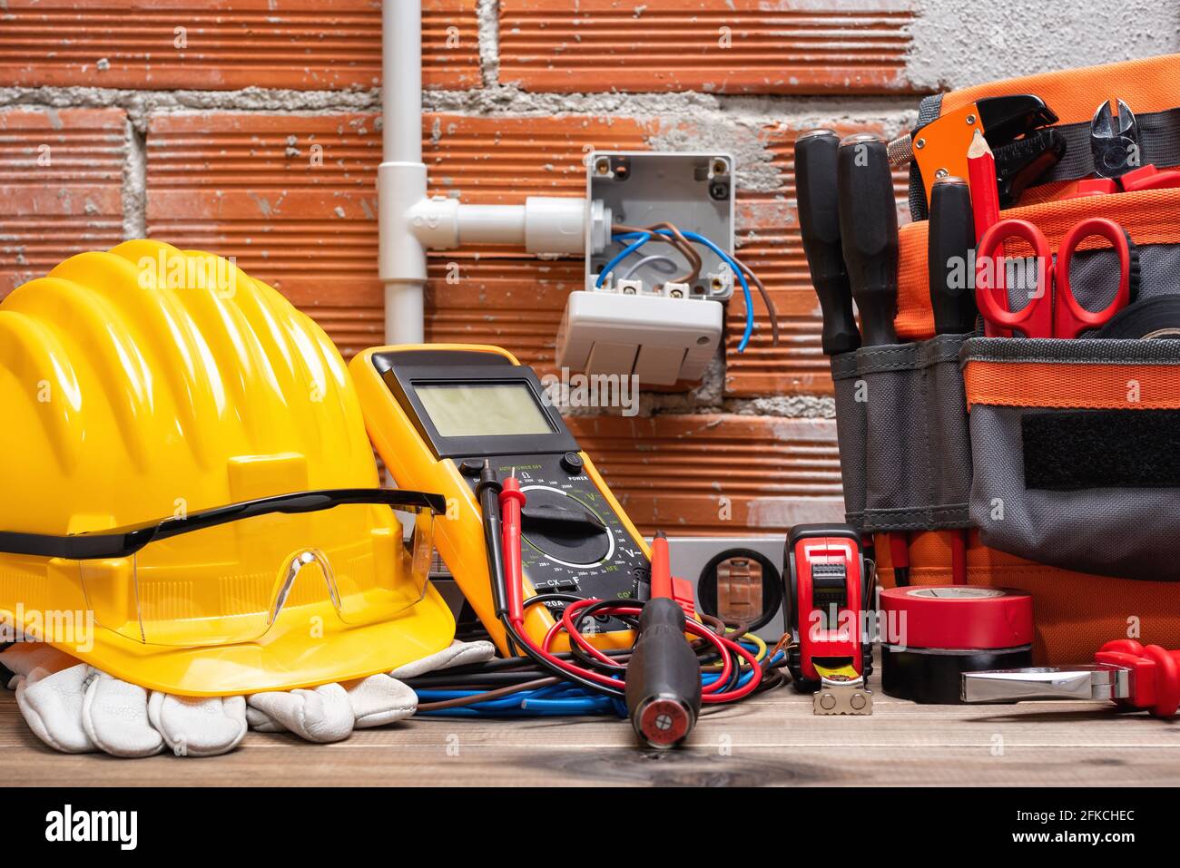 Tool bag, tools and work equipment for electrician technician on a