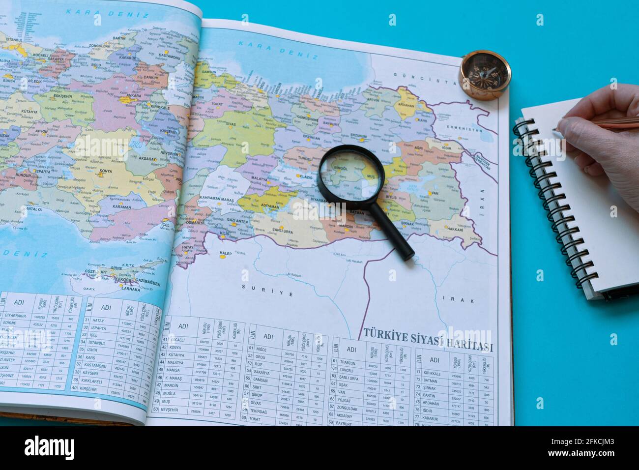 Turkey map on a book, Taking notes to a road trip preparations. A ...