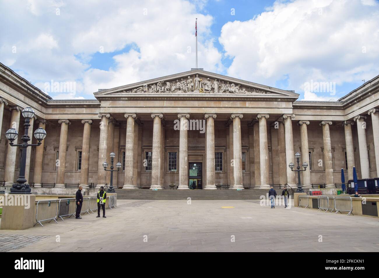 London, United Kingdom. 30th April 2021. Exterior view of the British Museum in Central London, which has been closed for much of the time since the coronavirus pandemic began. Museums are set to reopen on the 17th May. Stock Photo