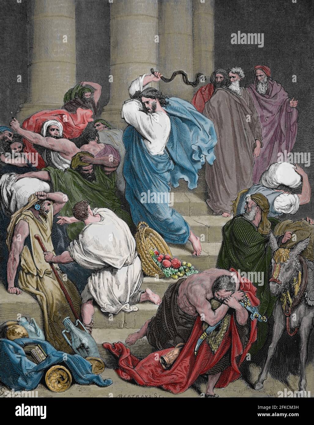 Cleansing of the Temple. Jesus expelling the merchants and the money changers from the Temple. (Luke, 19:46). Engraving. Bible Illustration by Gustave Stock Photo