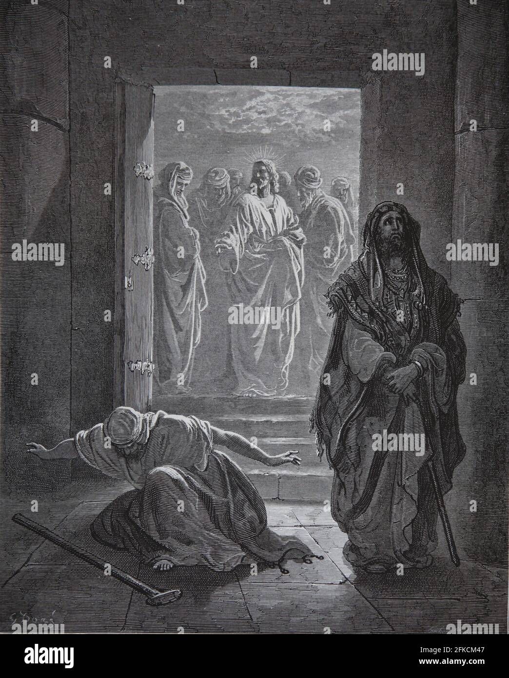 The parable of the Pharisee and the Publican. (Luke 18:11,13). Engraving. Bible Illustration by Gustave Dore. 19th century. Stock Photo