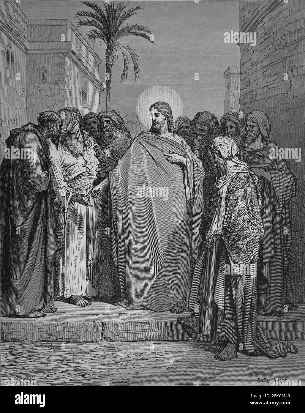 Christ and the tribute money. (Matthew 22:21). Engraving. Bible Illustration by Gustave Dore. 19th century. Stock Photo