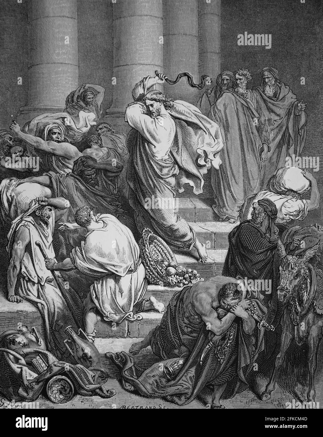 Cleansing of the Temple. Jesus expelling the merchants and the money changers from the Temple. (Luke, 19:46). Engraving. Bible Illustration by Gustave Stock Photo