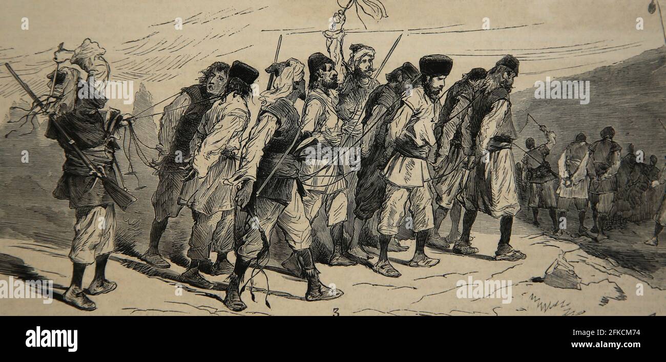 Russo-Turkish War (1877-78). Bulgaria's prisoners led by circassians to work on the fortificacion works. The Spanish and American Illustration, 1877. Stock Photo