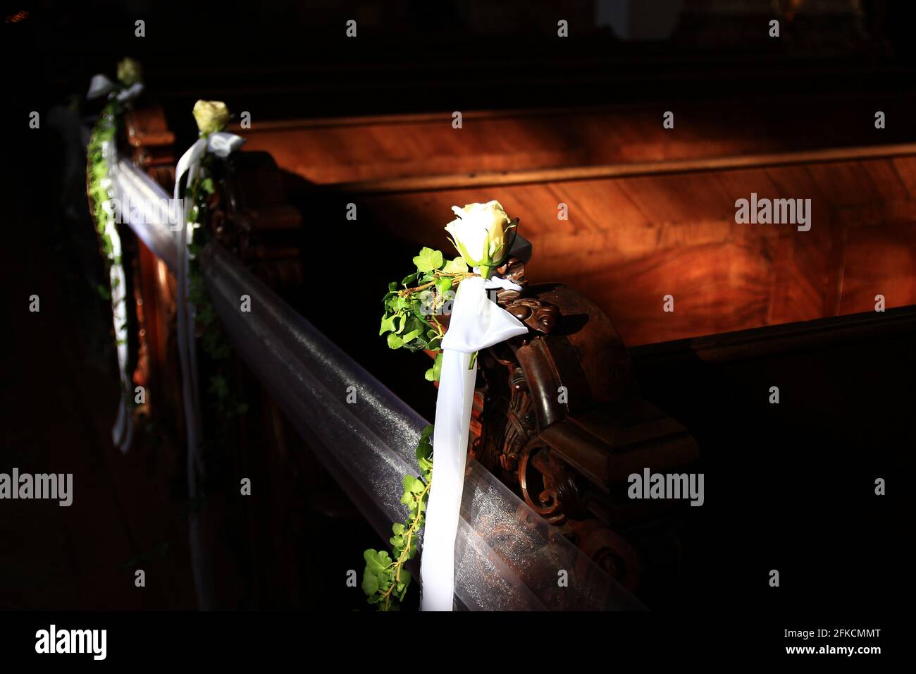 Soft light shines on wooden church pews decorated with tulle, ivy, bows and roses for a wedding. Stock Photo