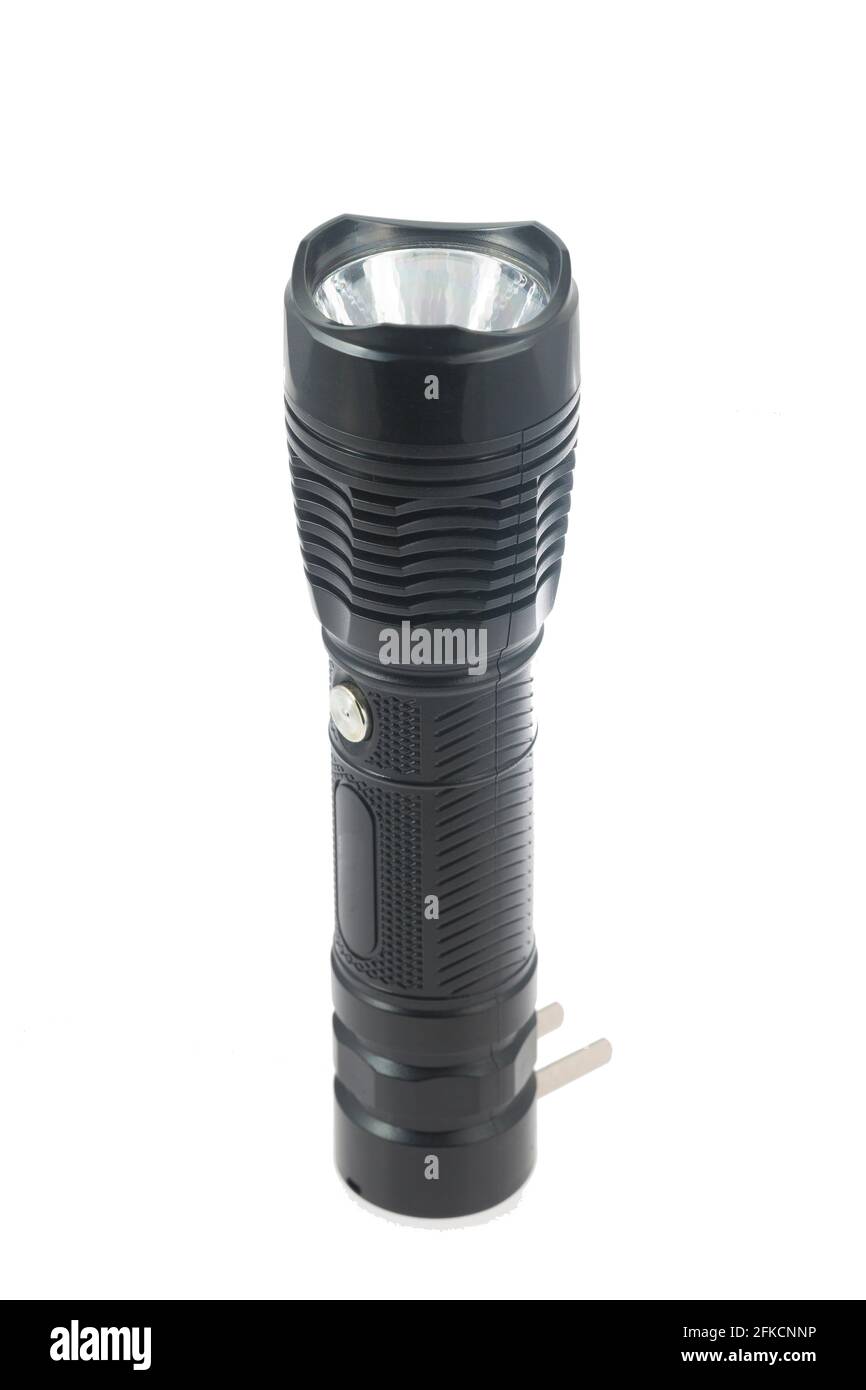 Led flashlight isolated on white, close-up image Stock Photo