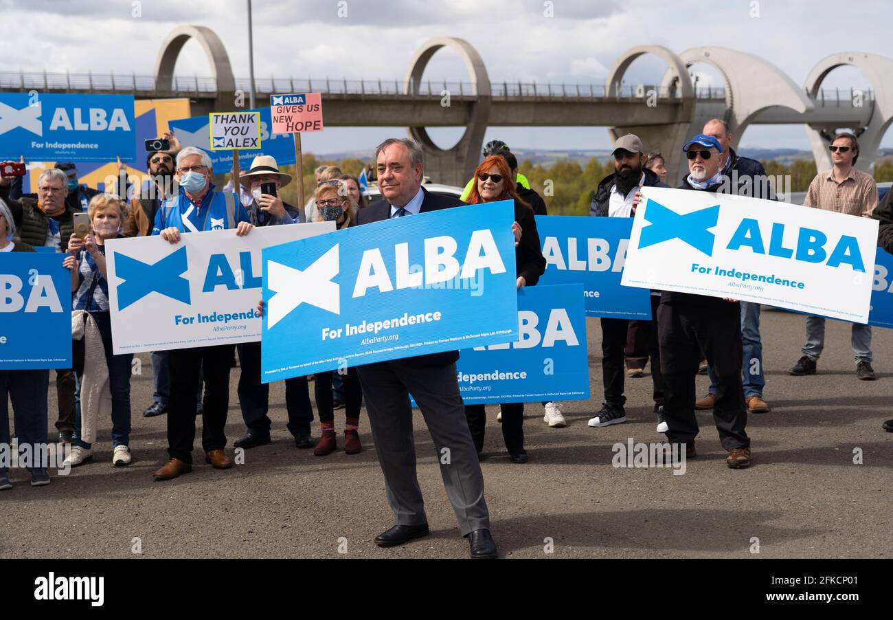 Falkirk, Scotland, UK. 30 April 2021. Leader of the pro Scottish nationalist Alba Party , Alex Salmond, campaigns with party supporters at the Falkirk Wheel ahead of Scottish elections on May 6th.  Iain Masterton/Alamy Live News Stock Photo