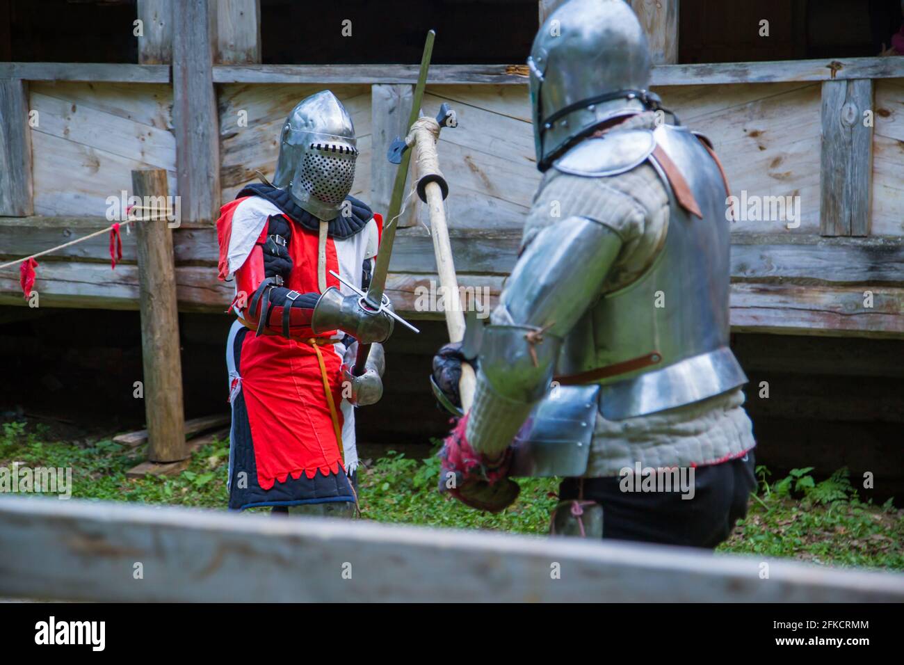 Two medieval knights fighting Stock Photo