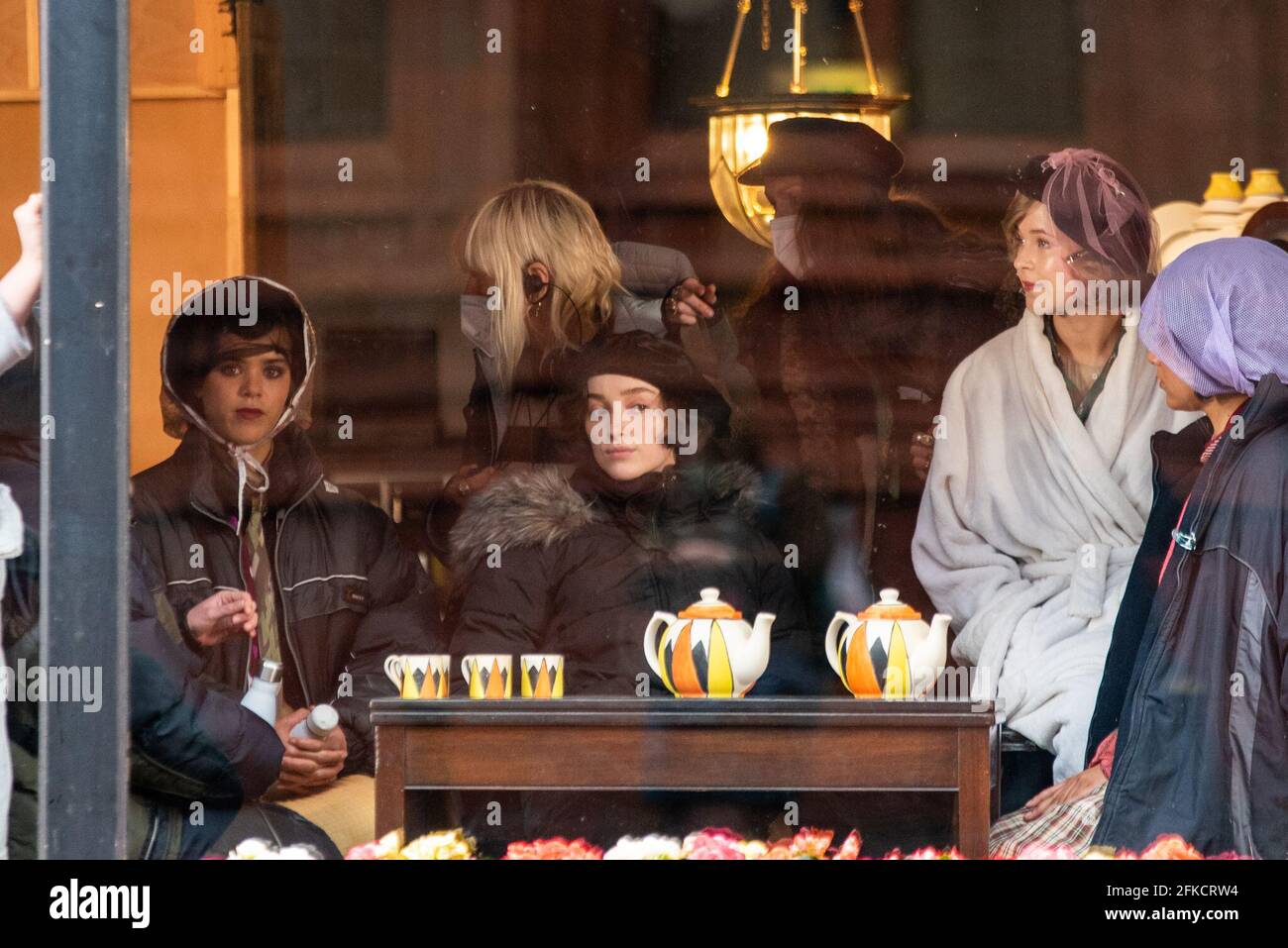 Birmingham, UK. 30th April 2021: Star of Netflix series Bridgerton, Phoebe Dynevor, was today seen on set of upcoming drama series for Sky, The Colour Room. Credit: Ryan Underwood / Alamy Live News Stock Photo