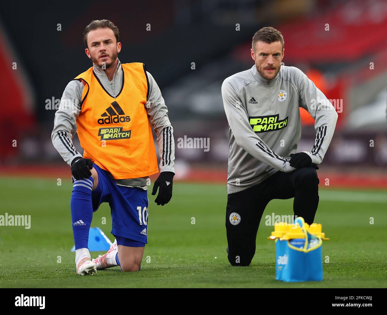 Leicester City's Jamie Vardy and James Maddison (left) warm up before the Premier League match at St. Mary's Stadium, Southampton. Picture date: Friday April 30, 2021. Stock Photo