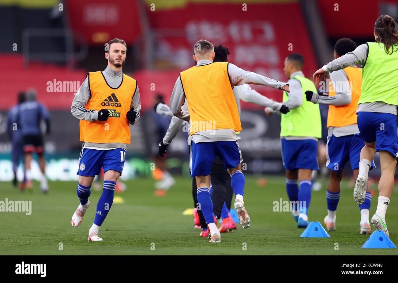 Leicester City's James Maddison (left) warms up before the Premier League match at St. Mary's Stadium, Southampton. Picture date: Friday April 30, 2021. Stock Photo