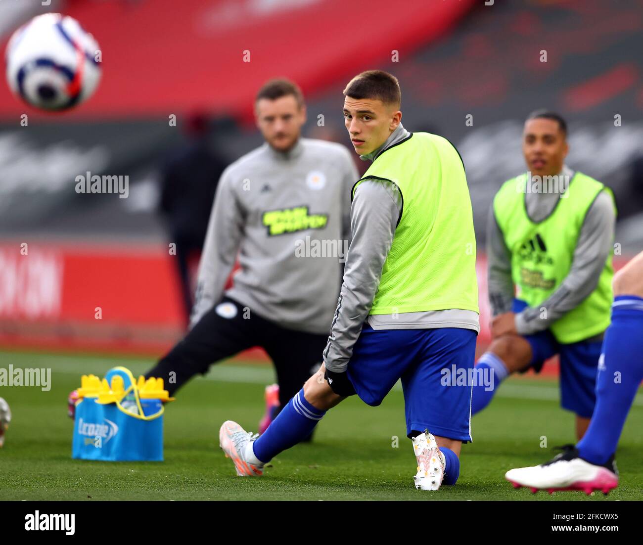 Leicester City's Luke Thomas warms up before the Premier League match at St. Mary's Stadium, Southampton. Picture date: Friday April 30, 2021. Stock Photo