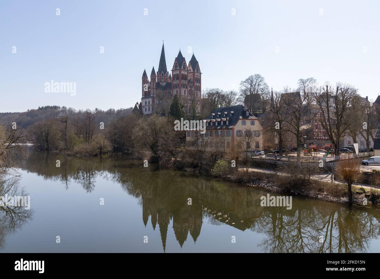 Limburg Cathedral with reflection in the river Lahn Stock Photo