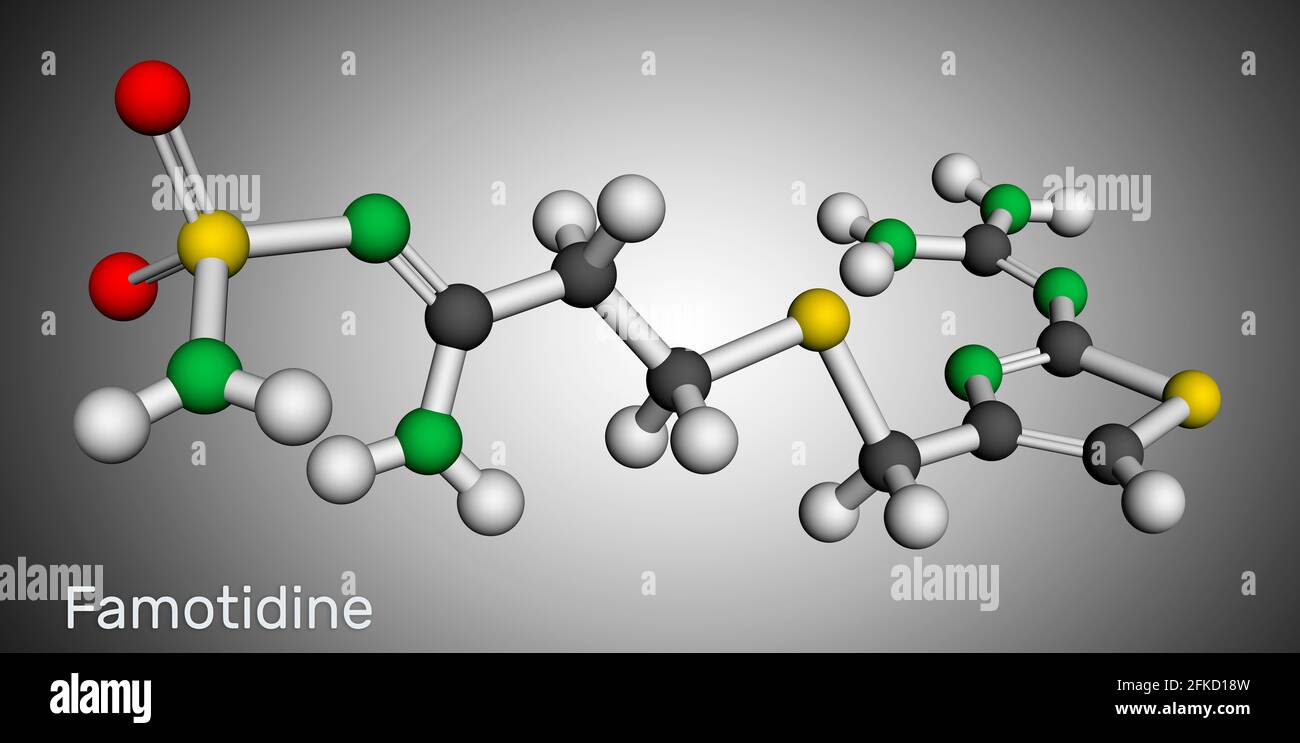 Famotidine, molecule. It is used for treatment of peptic ulcer disease