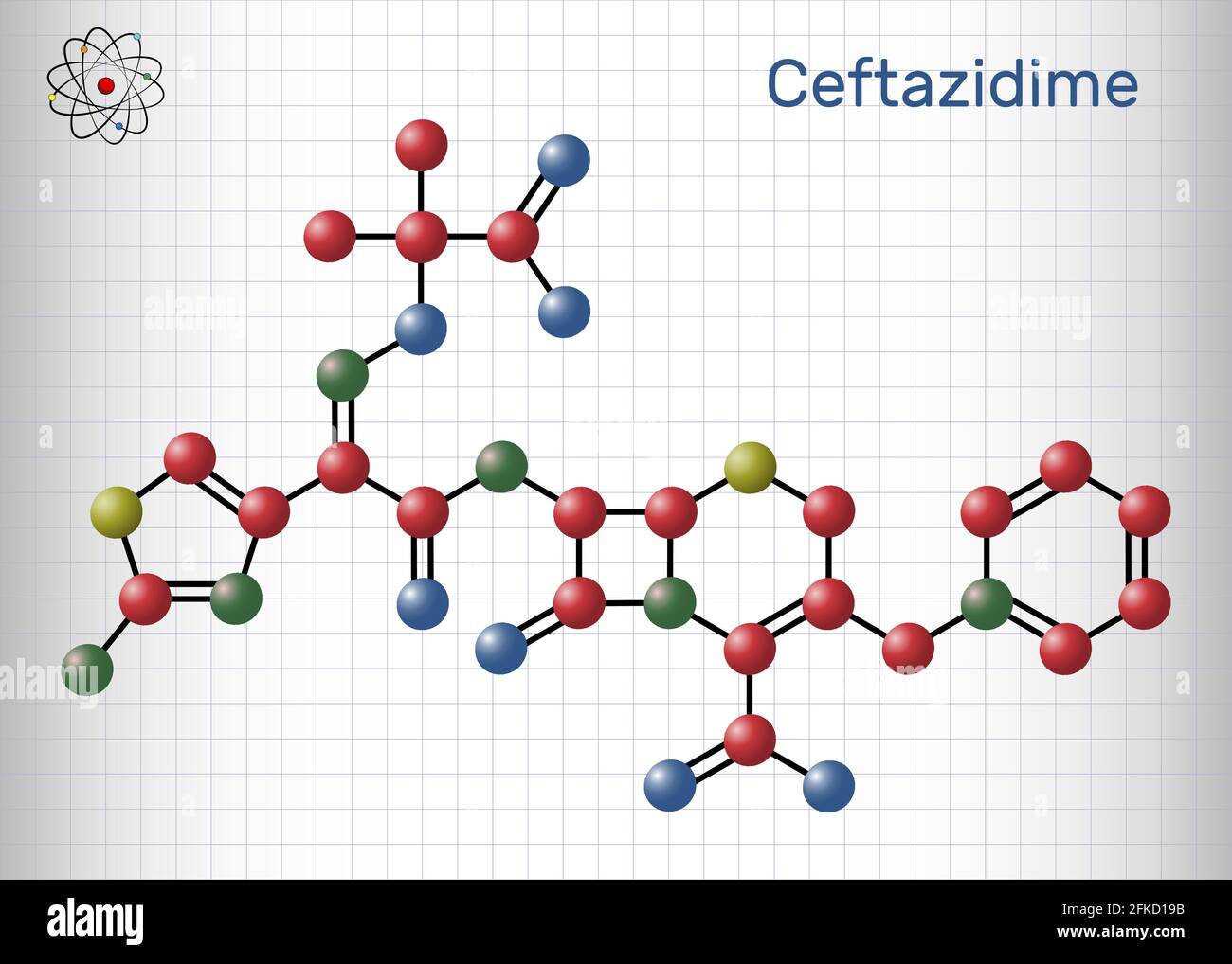 Ceftazidime molecule. It is cephalosporin, semisynthetic, antibacterial, antibiotic derived from cephaloridine. Sheet of paper in a cage. Vector illus Stock Vector