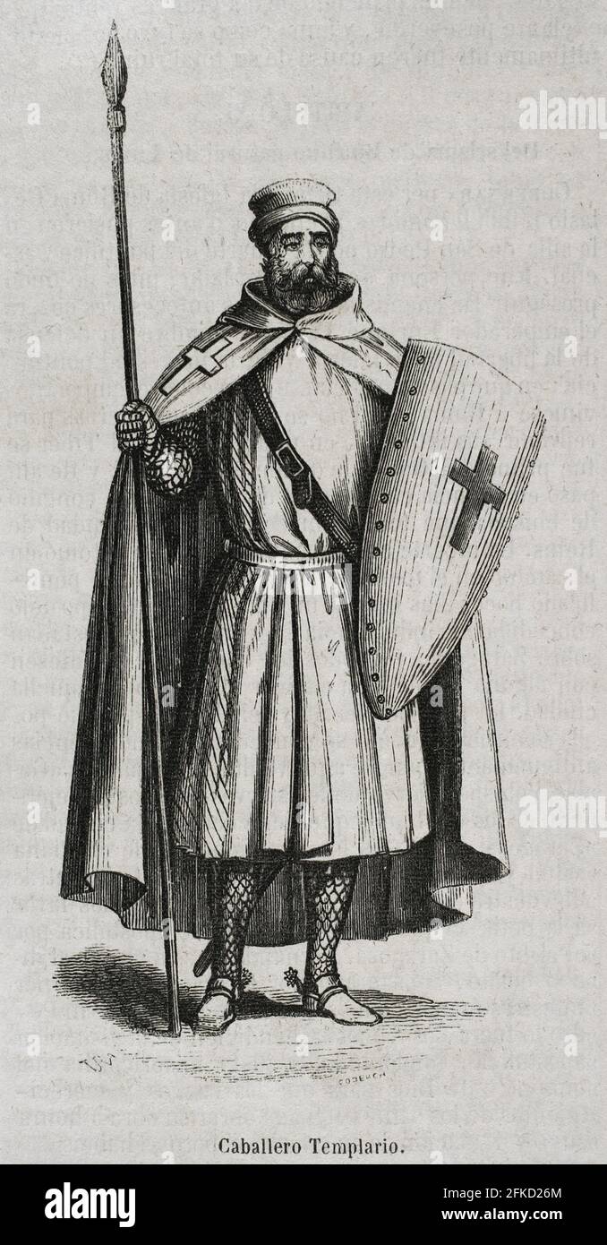 Catholic military monastic order of the Temple. Knight Templar. Engraving by Coderch. Historia General de España by Father Mariana. Madrid, 1852. Stock Photo