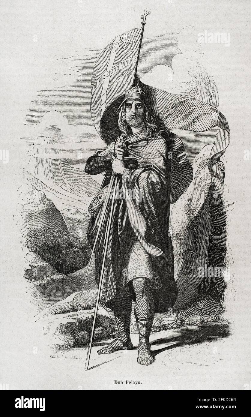Pelagius of Asturias (c. 685-737). Visigoth nobleman, leader of the Asturian rebellion (718-737) against the Muslim power and winner in the Battle of Covadonga. First monarch of the Kingdom of Asturias. Engraving after a copy of Madrazo. Historia General de España by Father Mariana. Madrid, 1852. Stock Photo