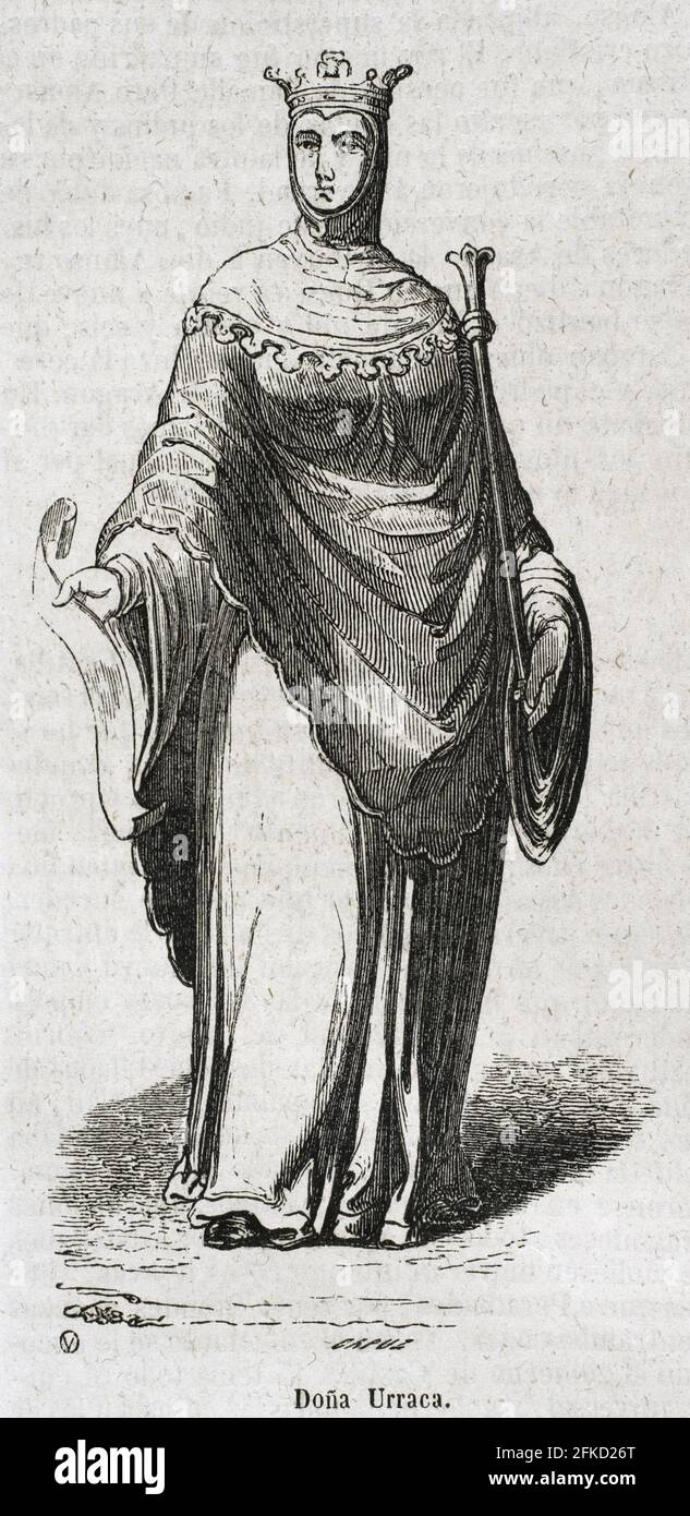 Urraca of Leon (1081-1126) called the Reckless. Queen of Leon, Castile and Galicia Empress (1109-1126). Engraving by Capuz. Historia General España by Father Mariana. Madrid, 1852. Stock Photo
