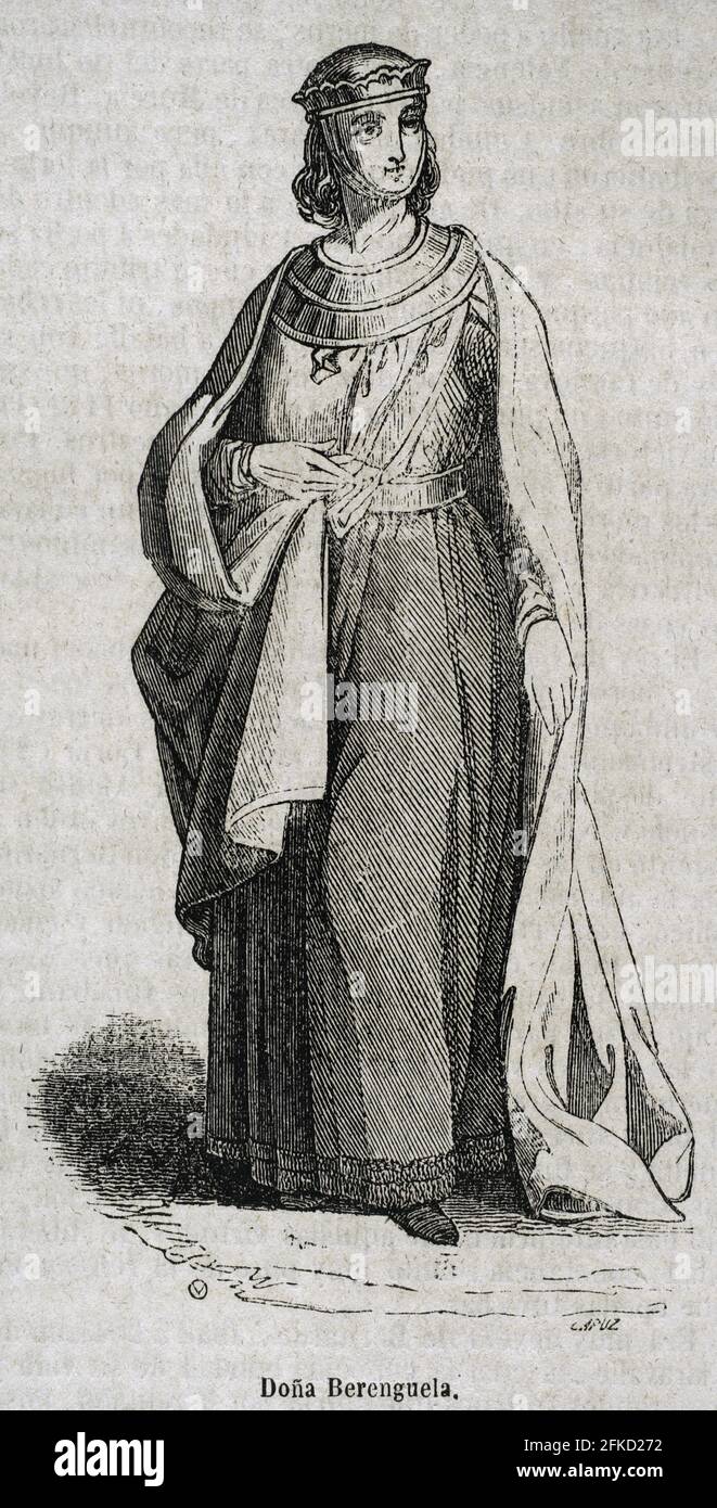 Berengaria (1180-1246). Queen of Castile and Queen consort of Leon. Portrait. Engraving by Capuz. Historia General España by Father Mariana. Madrid, 1852. Stock Photo