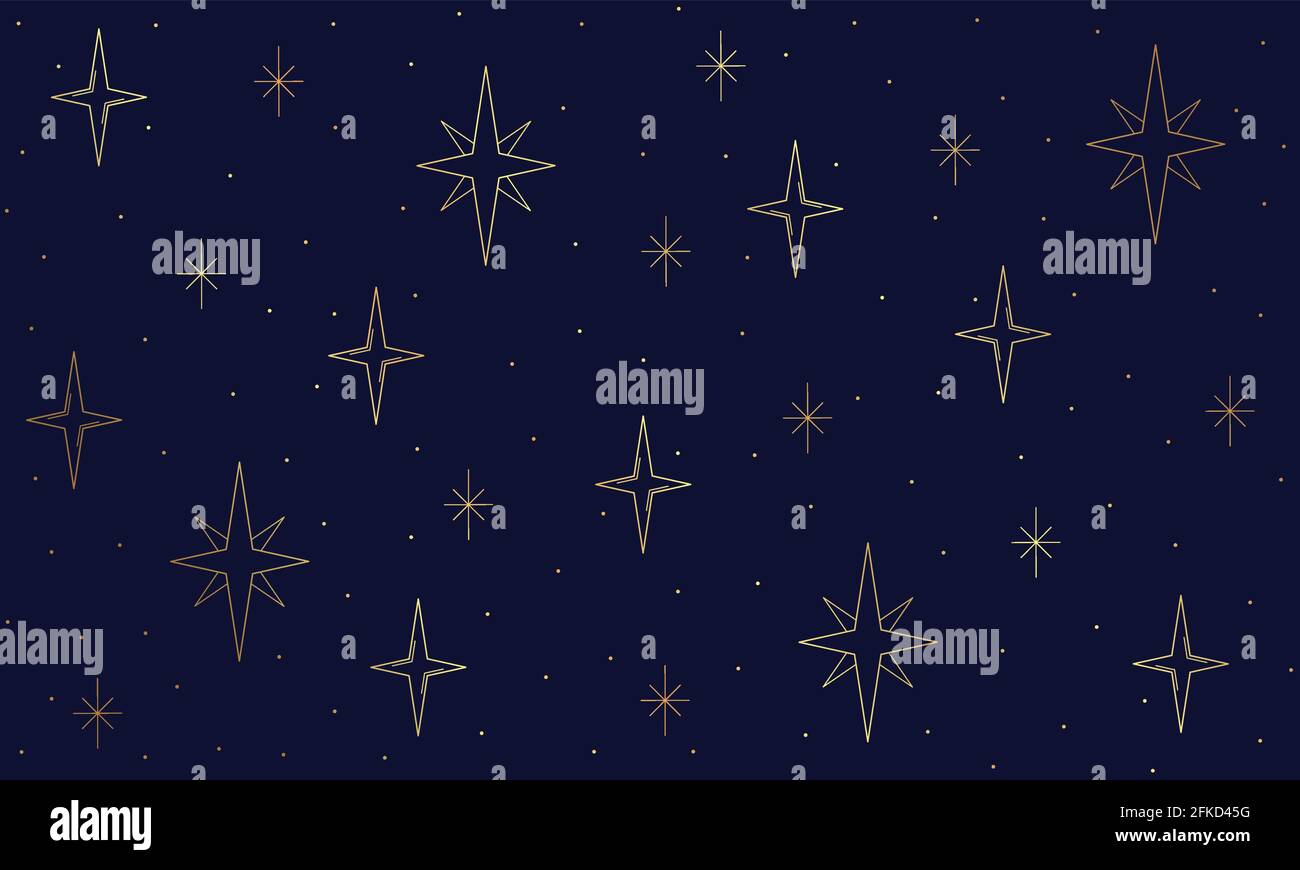 Vector wallpaper night blue sky with golden stars. Line art and dots
