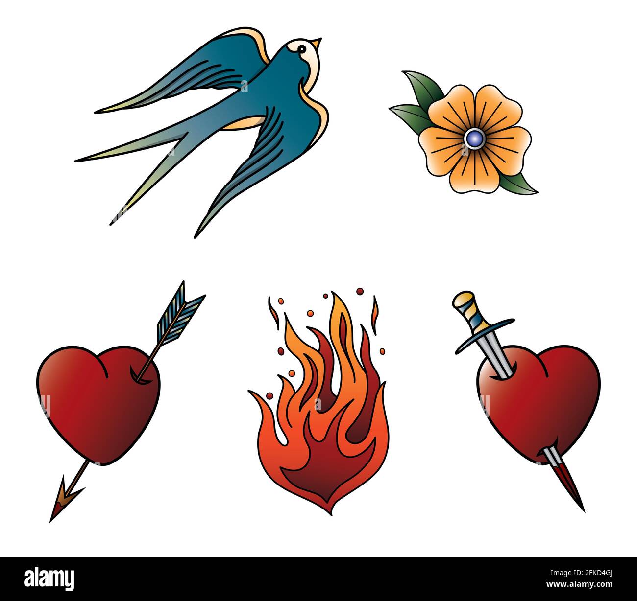 Tattoo Flaming Heart Pierced By Gold Arrow Sizzling Love Red Burning Heart  Passionate Heart Oldschool Styled Tattoo Stock Illustration - Download  Image Now - iStock