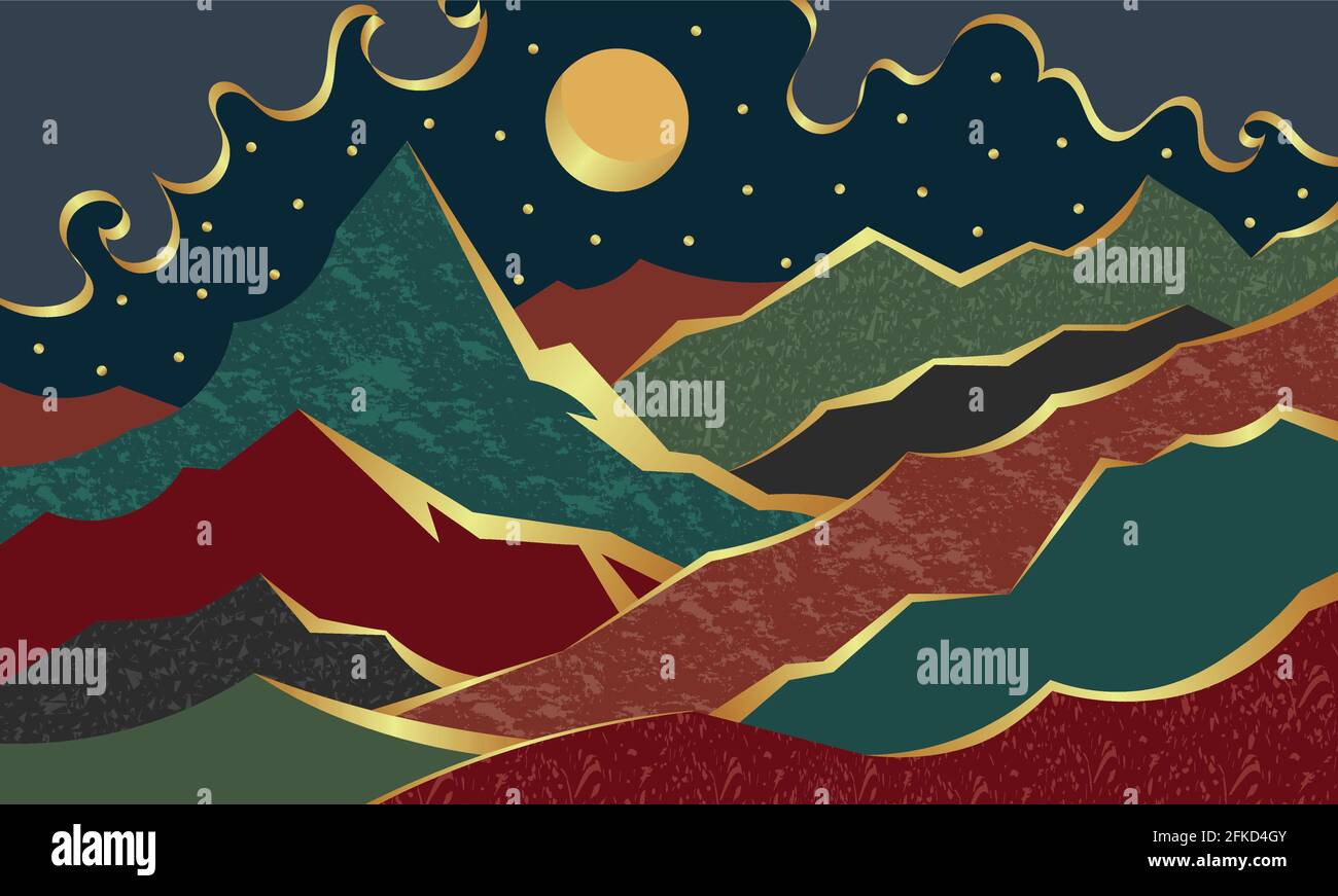 Luxury golden illustration abstract night mountain valley with moon and stars Stock Vector