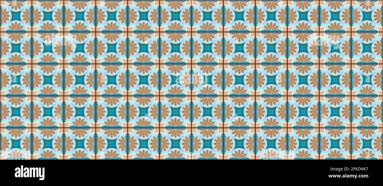 Geometric background square tiles with an ethnic pattern in beige, blue colors Stock Vector