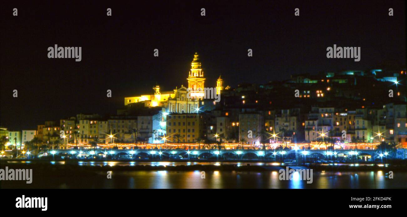 A View of Menton at night on the Cote d'Azur, France Stock Photo