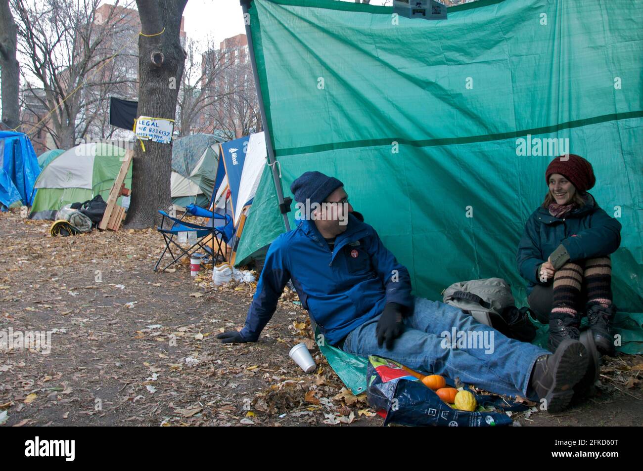 Toronto, Ontario, Canada - 20th November 2011: People living in a tent in Occupy Toronto Stock Photo