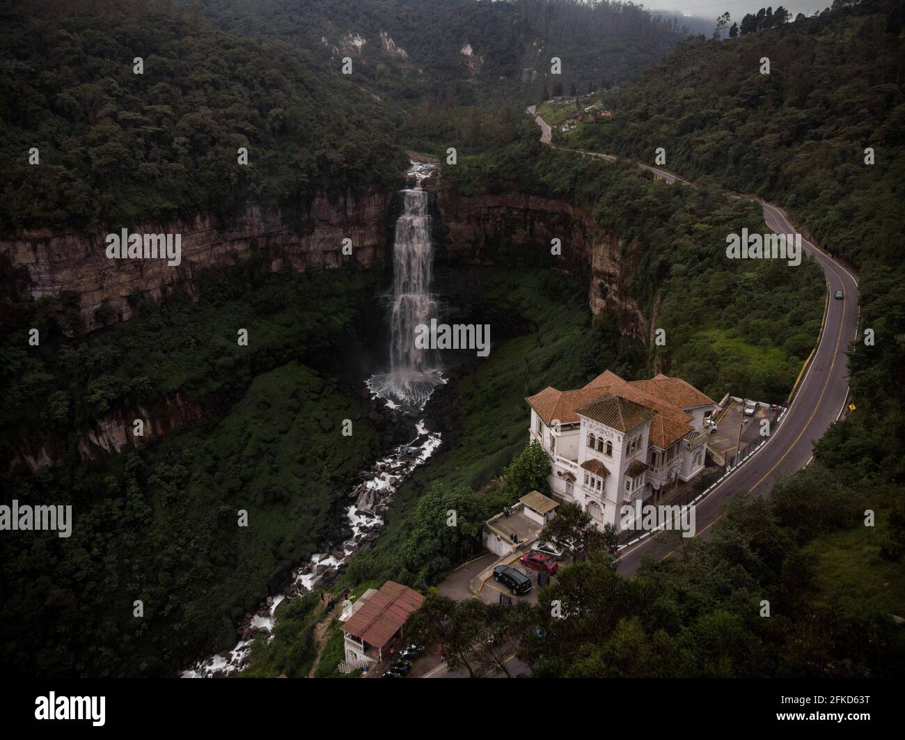 Aerial panorama view of Bogota river waterfall Salto del Tequendama