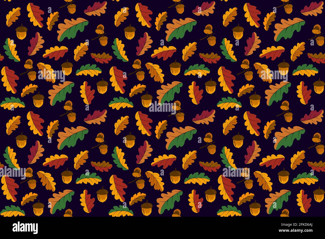 Oak leaves vector seamless pattern. Oak foliage and acorns in autumn