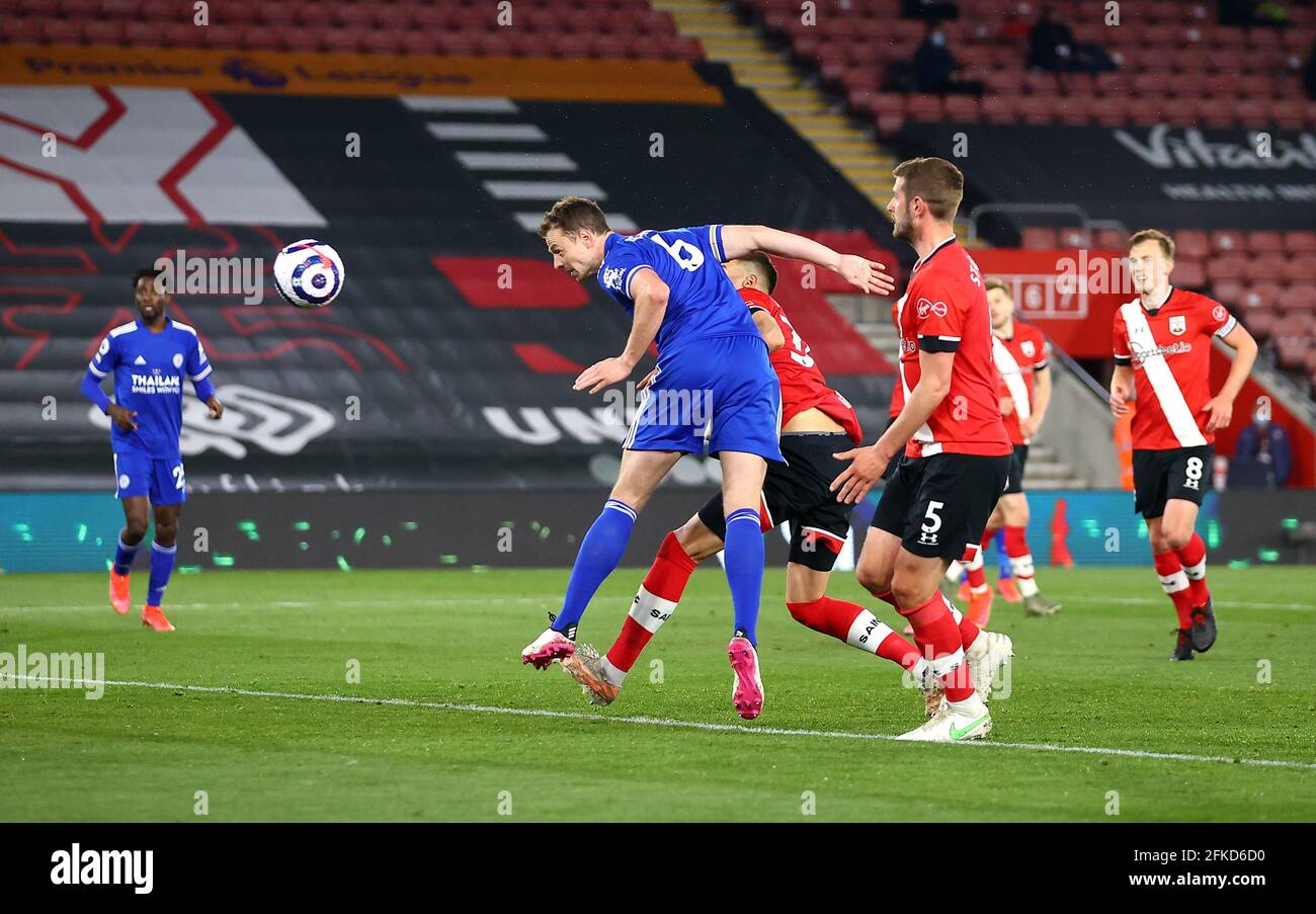 Leicester City's Jonny Evans scores their side's first goal of the game during the Premier League match at St. Mary's Stadium, Southampton. Picture date: Friday April 30, 2021. Stock Photo
