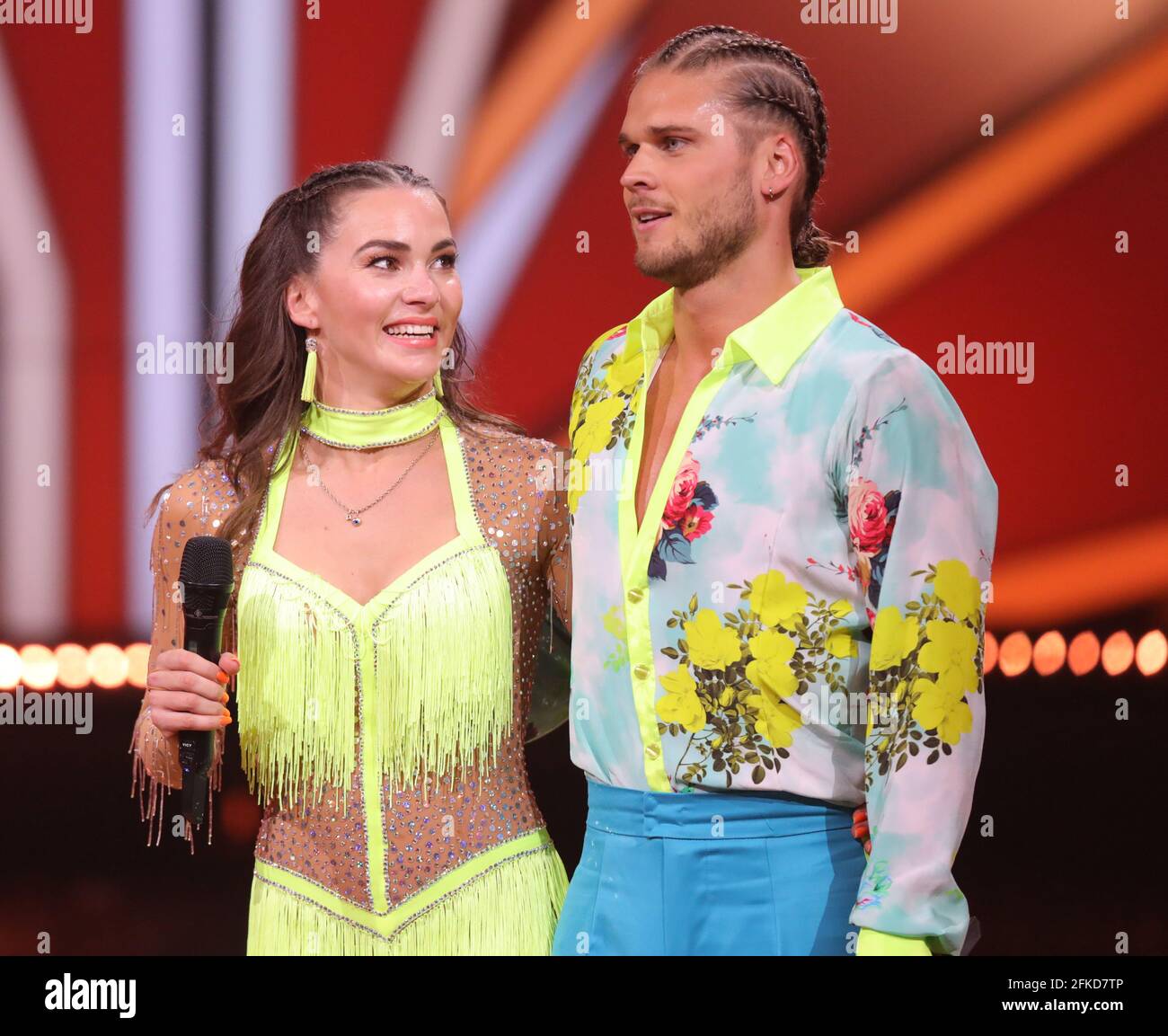 Cologne, Germany. 30th Apr, 2021. Rurik Gislason, footballer, and Renata Lusin, professional dancer, after their dance during the 8th show of the 14th season of the RTL dance show 'Let's Dance'. Credit: Joshua Sammer/Getty/POOL/dpa/Alamy Live News Stock Photo