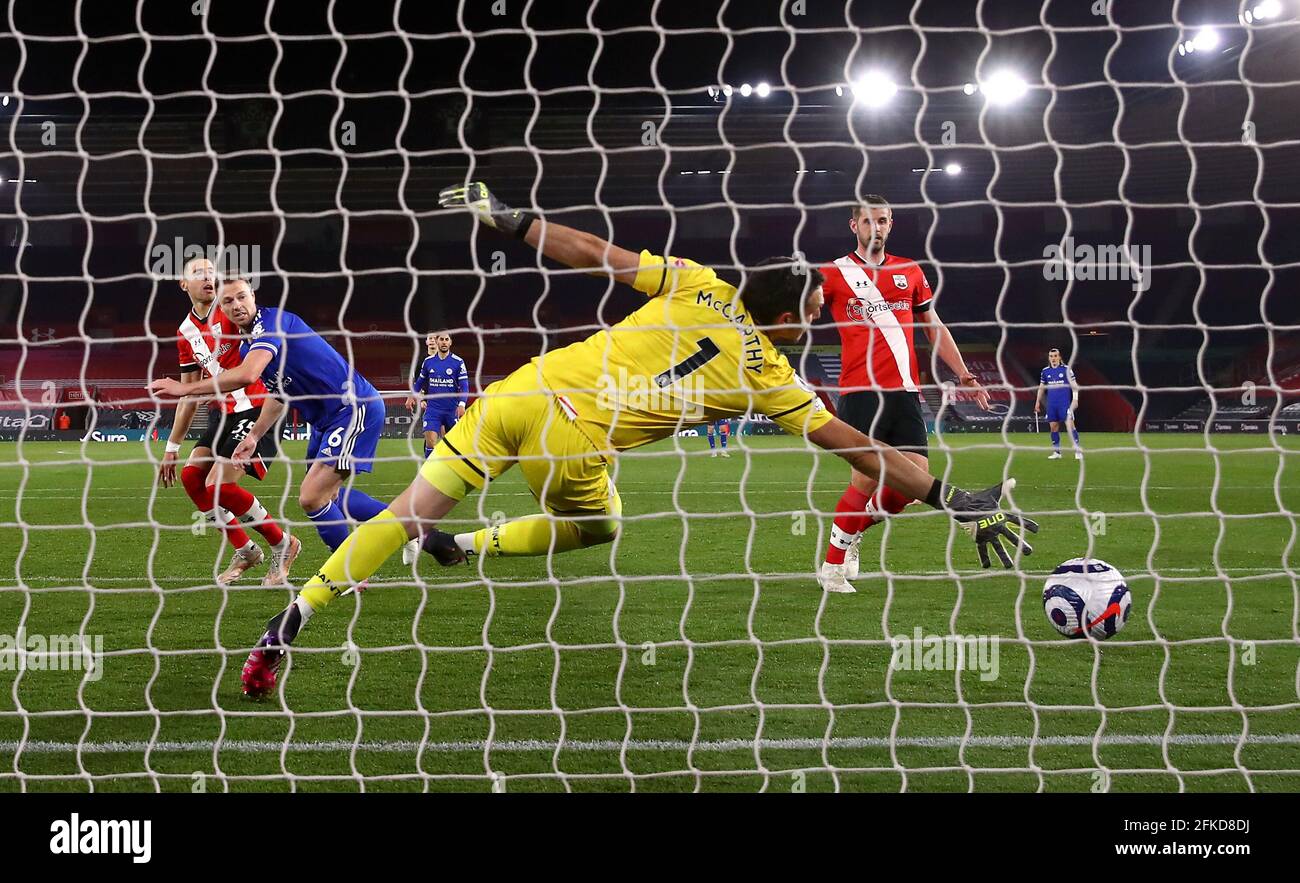 Leicester City's Jonny Evans scores their side's first goal of the game during the Premier League match at St. Mary's Stadium, Southampton. Picture date: Friday April 30, 2021. Stock Photo