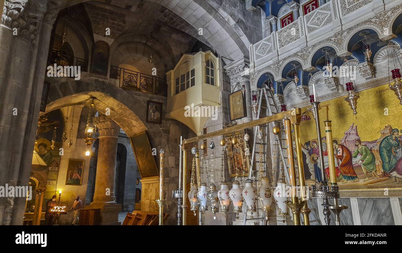 The Church of the Holy Sepulchr is a church in the Christian Quarter of the Old City of Jerusalem and it contains the two holiest sites in Christianit Stock Photo