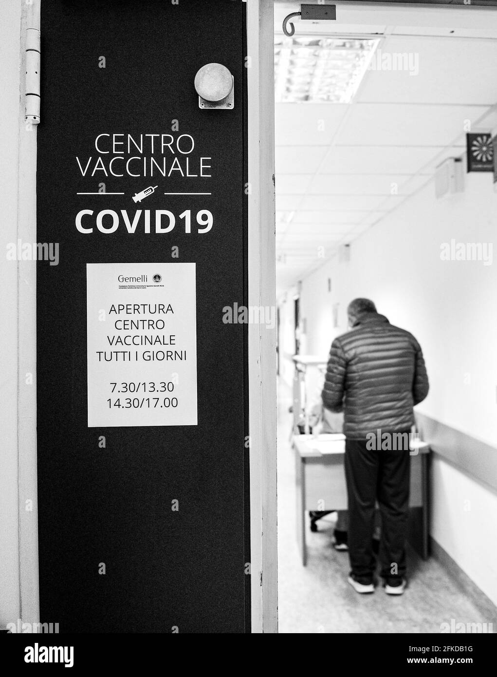 Rome, Italy. 30th Apr, 2021. A man goes to receive a dose of the Pfizer/BioNTech COVID-19 vaccine at the Covid-19 Vaccine hub inside the Columbus - Policlinico Gemelli, on April 30, 2021 in Rome, Italy. (Photo by Silvia Loré/Sipa USA) Credit: Sipa USA/Alamy Live News Stock Photo