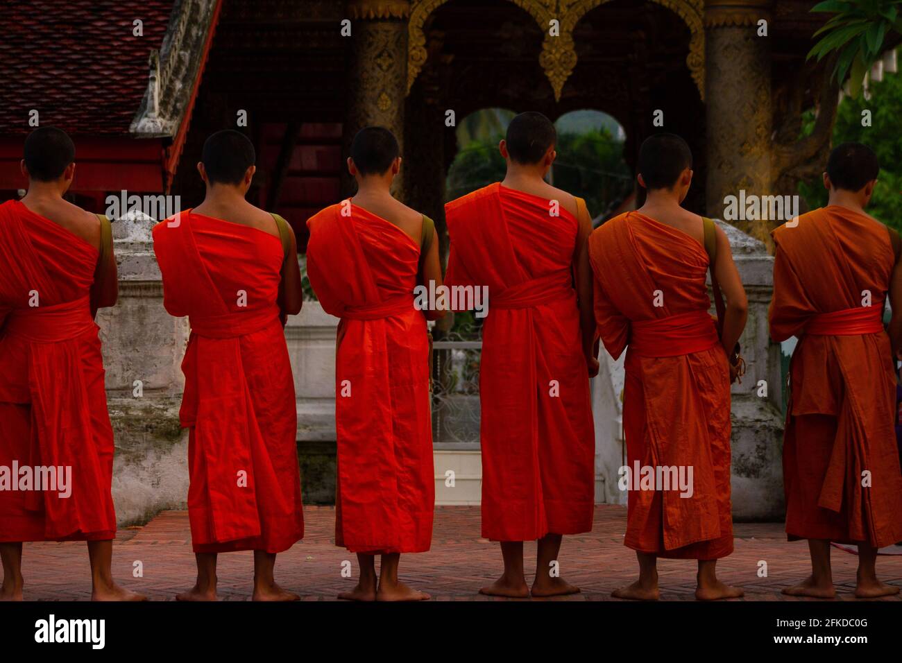 Luang Prabang, Laos - July 6, 2016:  Buddhist monks pray in front of Xiengthong Temple at the conclusion of the early morning alms giving ceremony of Stock Photo