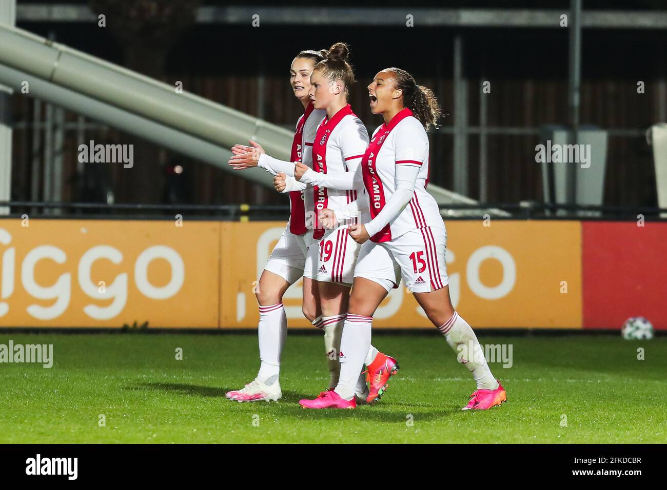 AMSTERDAM, NETHERLANDS - APRIL 30: Nikita Tromp of Ajax is celebrating her goal during the Play offs eredivisie vrouwen match between Ajax and ADO Den Haag at De Toekomst on April 30, 2021 in Amsterdam, Netherlands (Photo by Albert ten Hove/Orange Pictures) Stock Photo