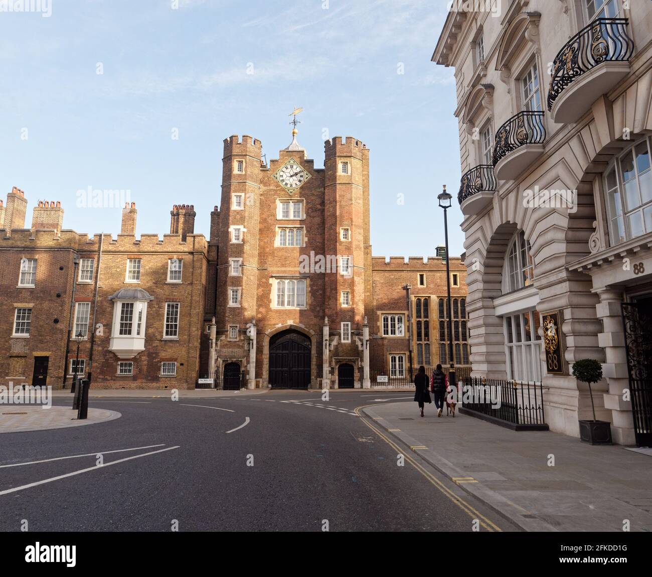 London, Greater London, England - Apr 24 2021: St James's Palace facade at the corner of Pall Mall and St James's Street. Stock Photo