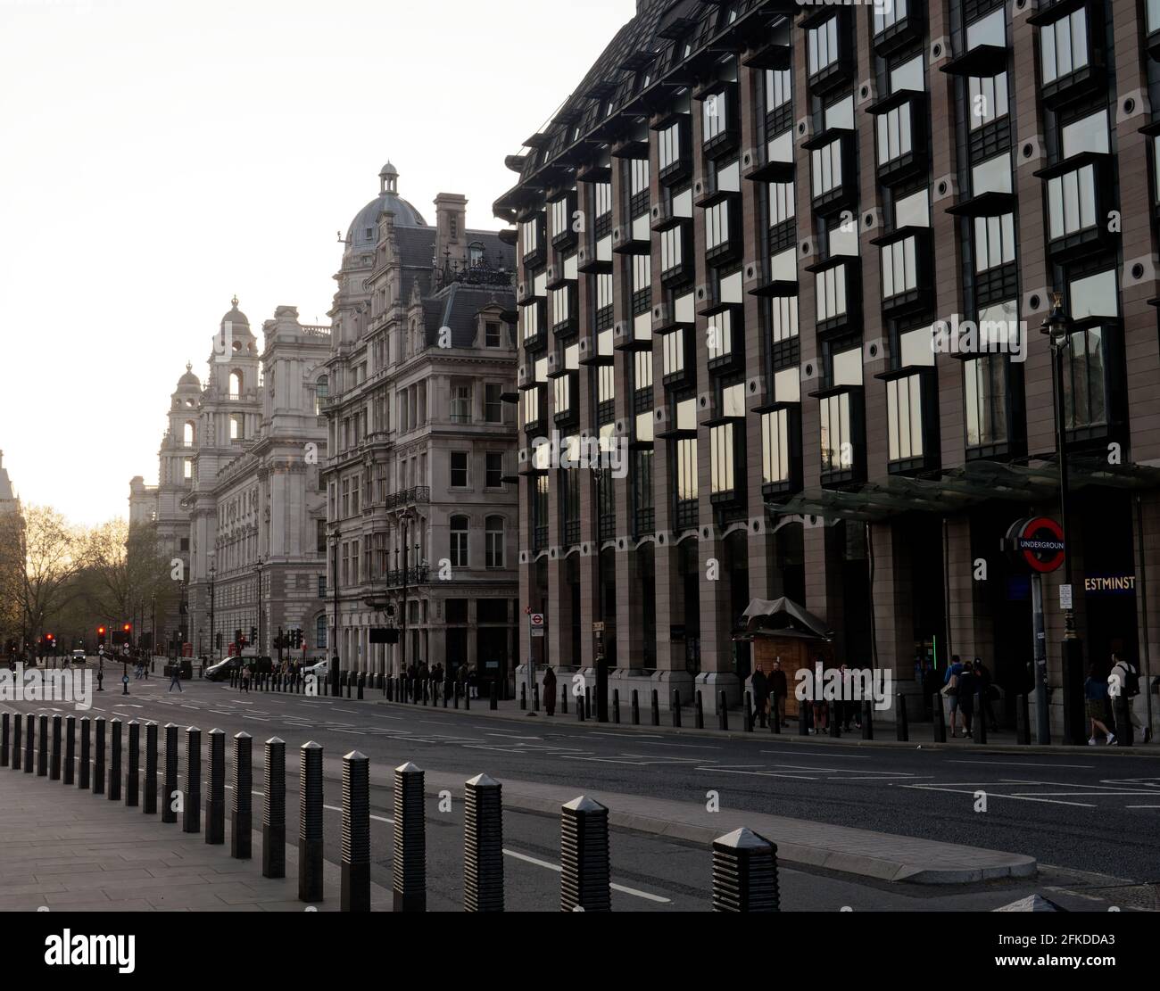 London, Greater London, England - Apr 24 2021:  Properties along Bridge Street (including Westminster Tube Station) and Great George Street. Stock Photo